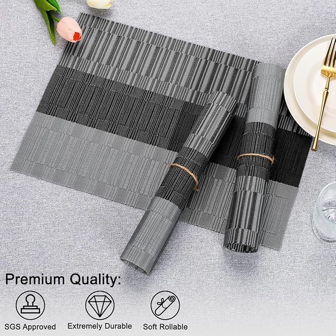 Placemats Set of 6, Vinyl Woven Place Mats Indoor Set of 6 Washable Wipeable PVC Table Mats Heat-Resistant Non Slip Plastic Placemat for Kitchen Dining Outdoor Table (Gray Black, Set of 6)