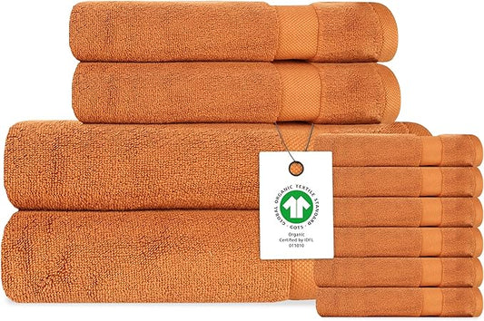 Delara Organic Cotton Luxuriously Plush Bath Towel 10 Piece Set|GOTS & Oeko-TEX Certified|Premium Hotel Quality Towels|Feather Touch Technology|650 GSM Long Staple|Soft, Quick Dry & Ultra-Absorbent