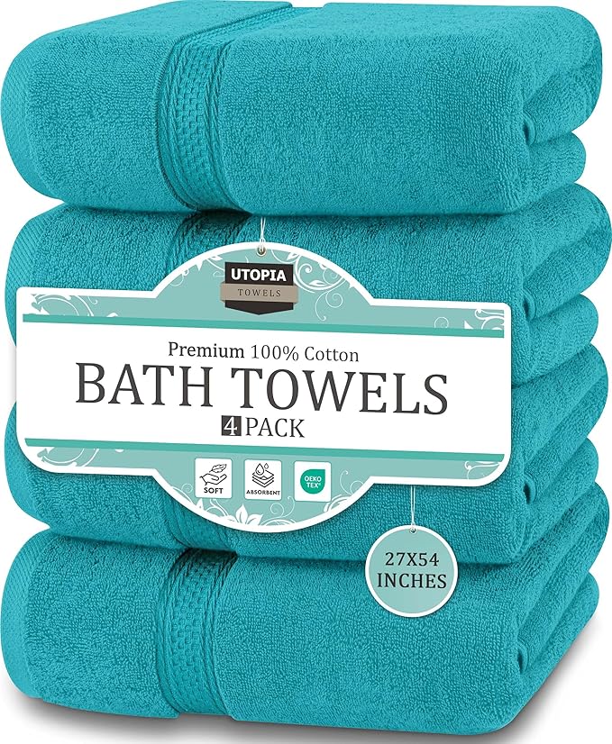 Utopia Towels 4 Pack Premium Bath Towels Set, 27 by 54 Inches, 100% Ring Spun Cotton 600GSM, Lightweight and Highly Absorbent Quick Drying Towels, Perfect for Daily Use, Turquoise
