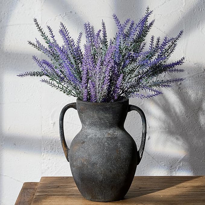 Antique Ceramic Rustic Vase with 2 Handles, Farmhouse Round Flower Vase, Vintage Terracotta Vases for Home Decor, Wedding, Living Room, Table, Shelf Decor - 8.6 Inch Tall, Black Bronze