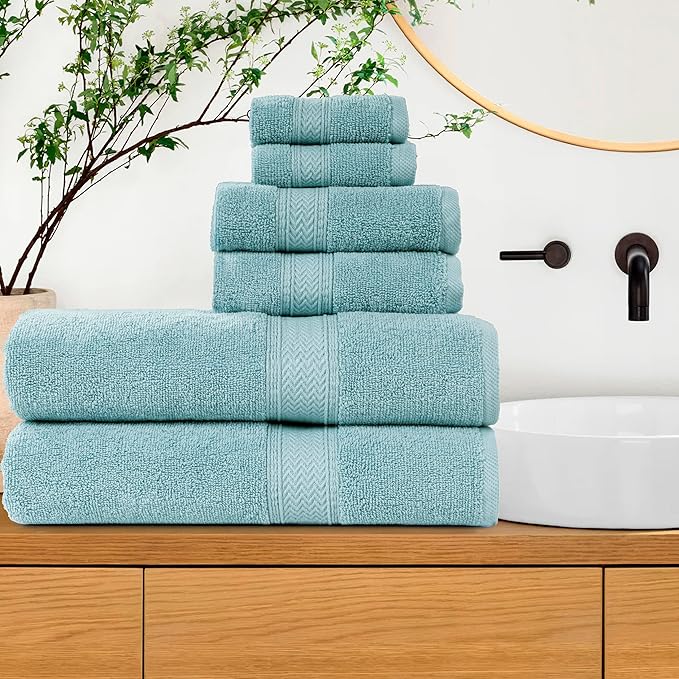 HILLFAIR Premium 600 GSM 6 Piece Towel Set- 2 Bath Towels, 2 Hand Towels & 2 Washcloths, Machine Washable, Hotel Quality, Super Soft & Highly Absorbent Cotton Towel: Ocean Blue