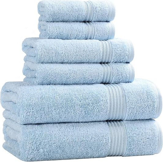 Superior Egyptian Cotton 6-Piece Towel Set, Bathroom Essentials, Towels For Bathroom, Apartment, Airbnb, Guest Bath, Face, Hand, Bath Towels, Washcloths, Absorbent, Fast Drying, Light Blue