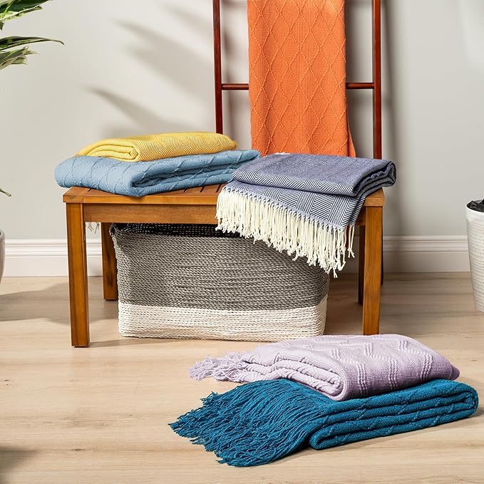 PAVILIA Dusty Blue Knit Throw Blanket for Couch, Twin Bed, Soft Knitted Farmhouse Sofa Throw for Living Room, Lightweight Decorative Summer Blanket for Chair, Outdoor Textured Boho Blanket, 60x80