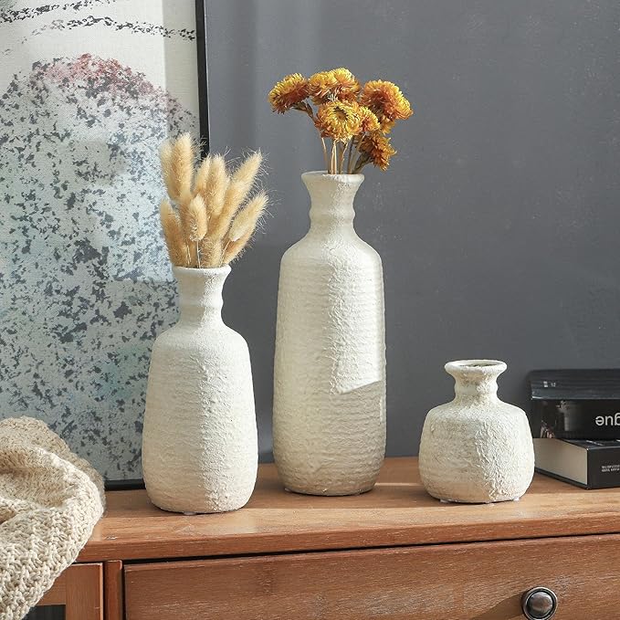 Ceramic Vase Set of 3, Neutral Rustic Vases Home Decor Farmhouse Decorative Vase Whitewashed Pottery Decor Boho Modern for Table Mantel Entryway Bookshelf Living Room Kitchen Bathroom Bedroom - White