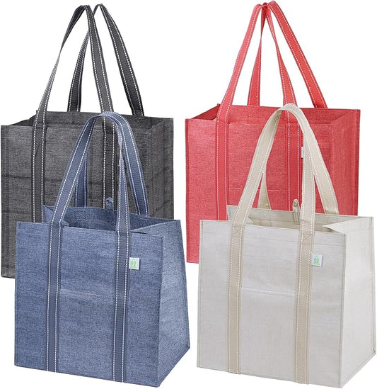 VENO 4 Pack Reusable Grocery Bags with Hard Bottom, Heavy Duty Foldable Shopping Bags for Cart (Random Colors, 4 Pack)