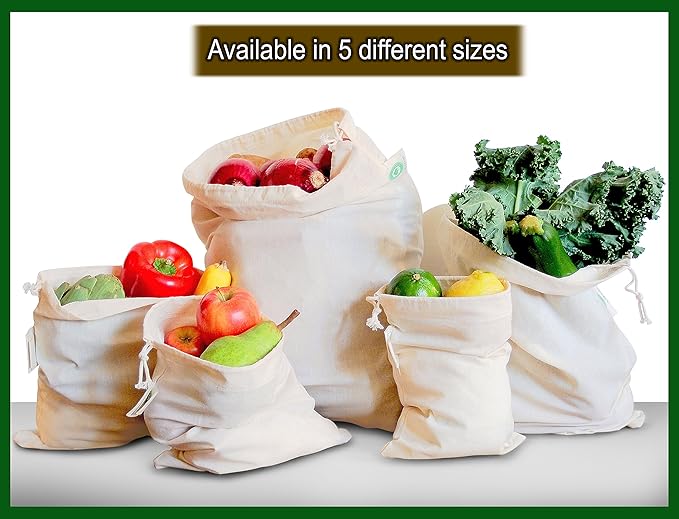 Reusable Produce Bags Cotton Washable - Organic Cotton Vegetable Bags - Cloth Bag with Drawstring - Muslin Fabric Produce Bags - Bread Bag - Set of 6 (2 Large, 2 Medium, 2 Small)