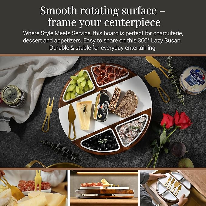 Shanik Acacia Wood Lazy Susan Cheese Board Set – Rotating Charcuterie Platter with 4 Ceramic Bowls & Knives, Round Serving Tray for Weddings & Parties