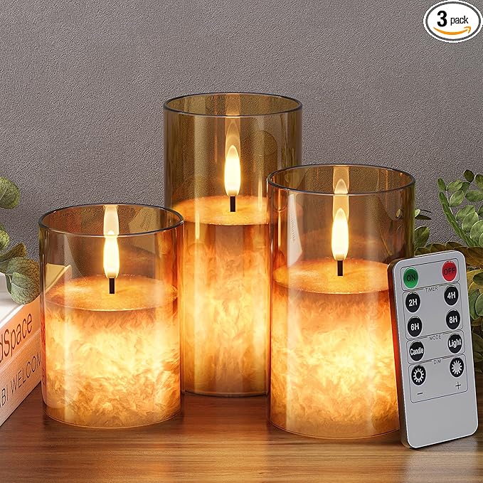 Ice Crystal Real Wax Glass Flameless Candles with Remote & Timer, Battery Operated Candles with Warm Flickering Flame, Realistic LED Candle for Wedding Home Decor [D3×H4/5"/6"] Gold, 3Pack