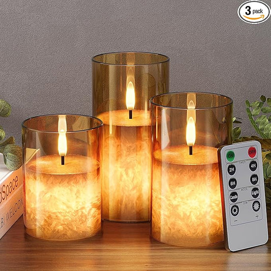 Ice Crystal Real Wax Glass Flameless Candles with Remote & Timer, Battery Operated Candles with Warm Flickering Flame, Realistic LED Candle for Wedding Home Decor [D3×H4/5"/6"] Gold, 3Pack