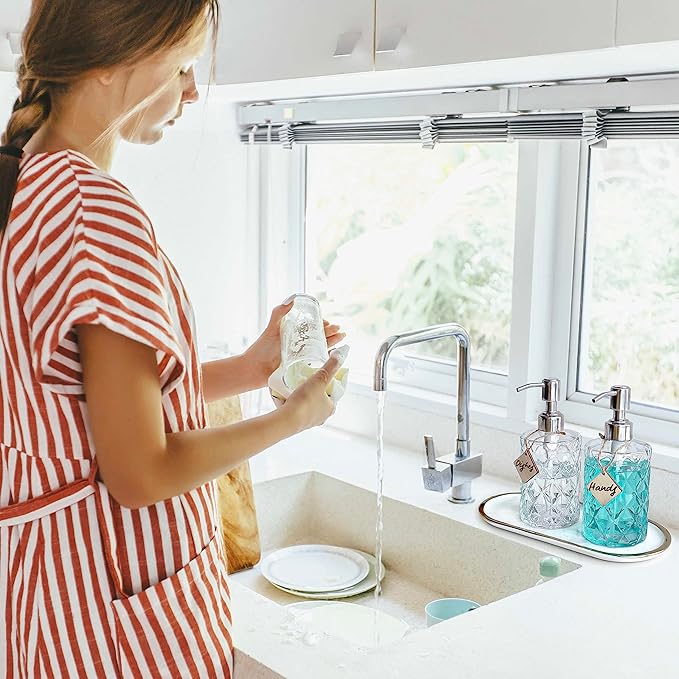 JASAI 2Pack Diamond Embossed Glass Soap Dispenser with 304 Rustproof Stainless Steel Pump, 12 OZ Bathroom soap Dispenser with A Wooden Tag, Elegant Hand Soap Dispenser for Bathroom & Kitchen