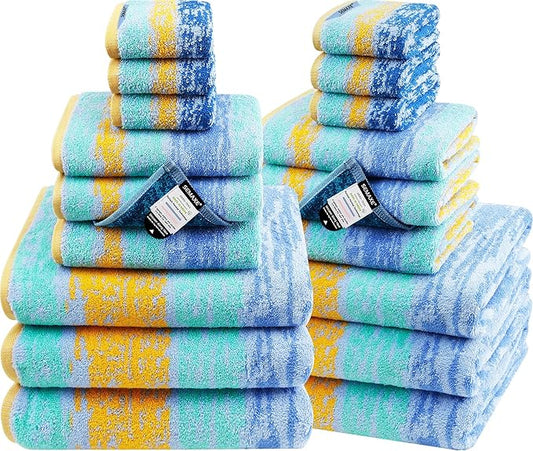 SEMAXE 18-Pack Bath Towel Set Include 6 Bath Towels, 6 Hand Towels, 6 Wash Cloths, 100% Cotton Bathroom Towels with Hanging Loops, Soft & Absorbent Towel, Colorful Towel