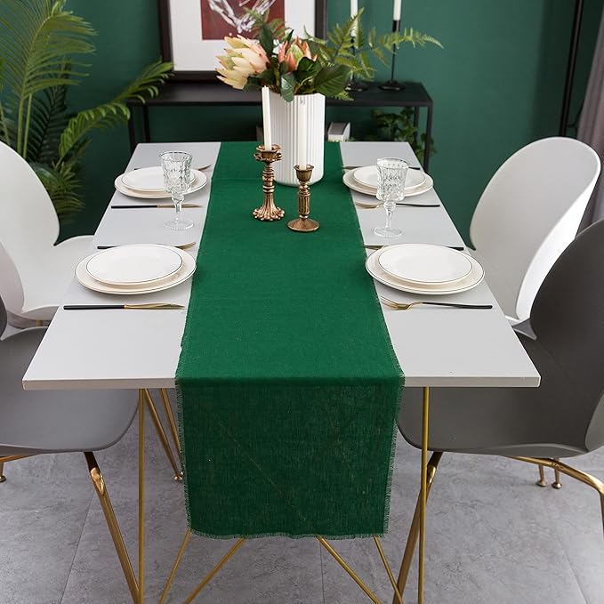 Christmas Table Runner with Fringe- 14x72 Inch Green, 100% Pure Linen Christmas Runner for Table, Green Table Runner for Winter – Machine Washable, Handmade