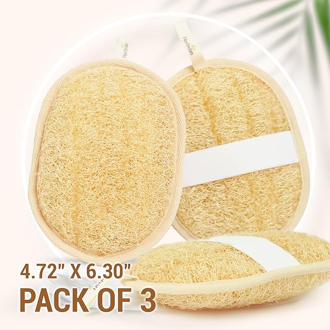 Vietnamese Natural Loofah Exfoliating Body Scrubber Pads, 100% Plant-Based Shower Luffa Sponge, Bath Loofah for Women Men (Pack of 3)