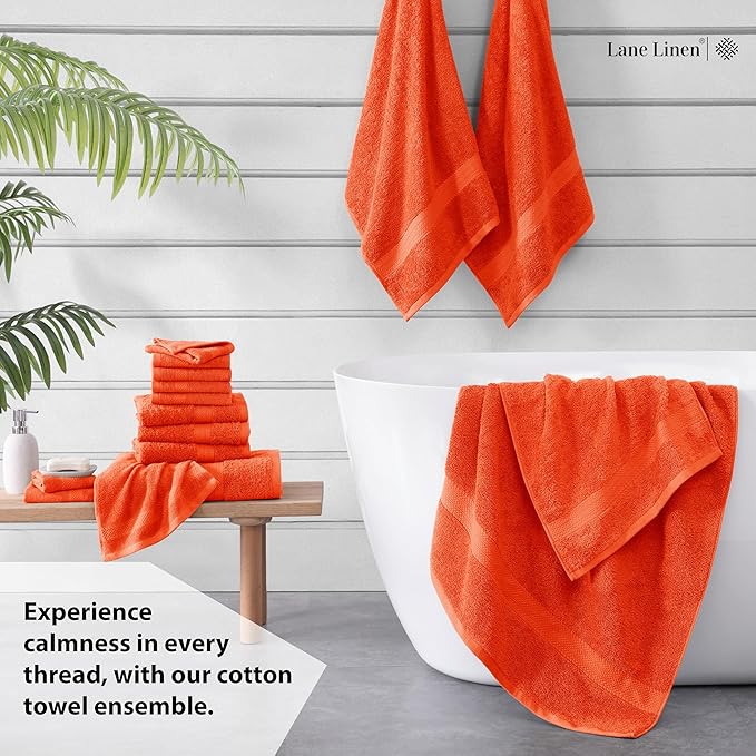 Lane Linen 100% Mercerized Cotton Bathroom Towel Set - 16 Pieces - Fluffy, Super Soft & Highly Absorbent - 4 Bath Towels, 8 Washcloths, 4 Hand Towels - RingSpun, Double Sided Cotton Terry - Tiger Lily