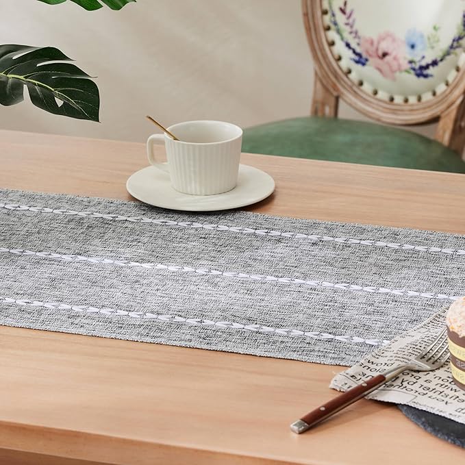 Braided Farmhouse Table Runner, Braided Charcoal 13x36 Inch, Cotton Linen Table Runners 36 Inches Long, Embroidered Striped Charcoal Boho Table Runner Rustic Home Decor