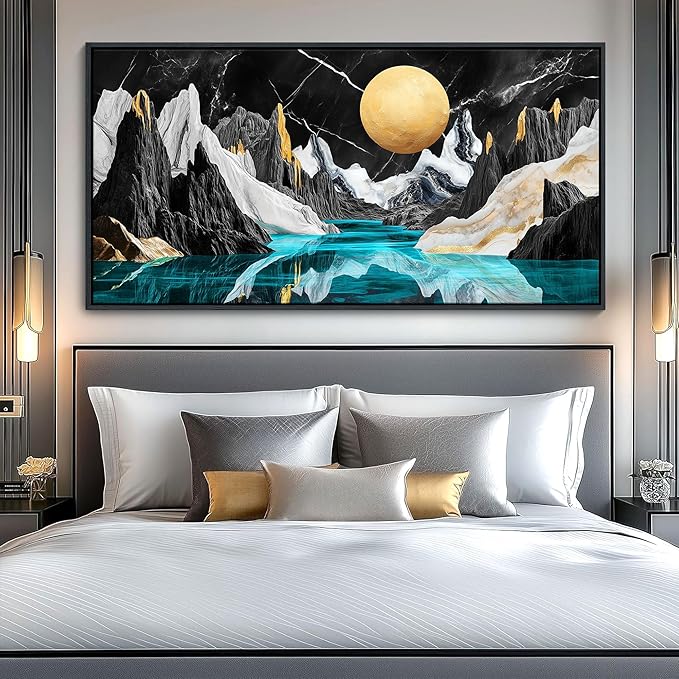 JEAWA Framed Canvas Wall Art - Large Abstract Painting Decor, Black White Textured Mountain Moon River Pictures, Modern Art Prints for Bedroom Living Room Bathroom Home Decoration, 29x58 IN