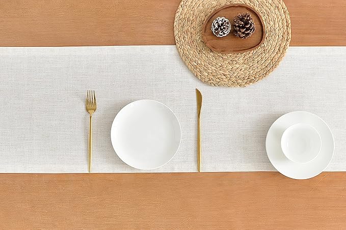 Wracra Linen Style Table Runner, Rustic Farmhouse Off White Table Runners 90 Inches Long, Handcrafted Table Runner for Fall, Winter - Everyday Use and Machine Washable