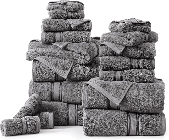 LANE LINEN 100% Ring-Spun Cotton Bath Towels Set of 18 – Zero Twist, 6 Bath, 6 Hand Towel & 6 Washcloths, Soft, Ideal for Spa Hotel & Home, Gentle on Body, Durable After Multiple Washes – Cool Grey