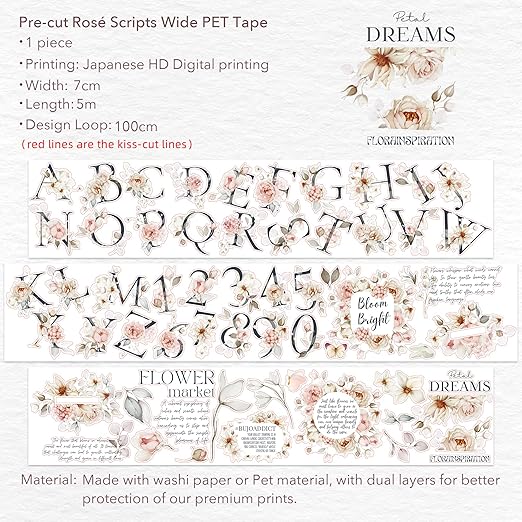 WT Pre-Cut Rosé Scripts Wide PET Tape, Single Roll, Original Designs, Blush Floral & Handwritten Script, Clear Decorative Tape for Junk Journal, Scrapbook, Bujo, Planner, DIY Crafts