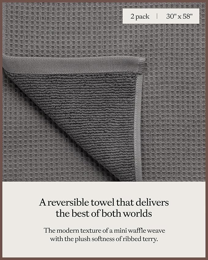 Cozy Earth Waffle Bath Towels - 60% Cotton 40% Viscose from Bamboo Bath Towels 30 x 58 Inches - Soft & Absorbent Terry, Reversible Mini Textured Waffle & Weave Pattern - 2 Pack