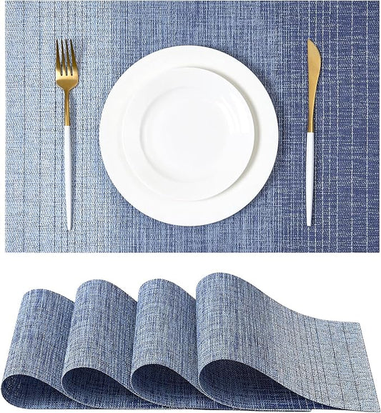 Leetaltree Gradient Blue Woven Placemats Set of 4 - Heat Resistant Non-Slip Place mats for Dining Table, Washable Durable PVC Vinyl Woven Table Mats(Gradient Blue, 4)