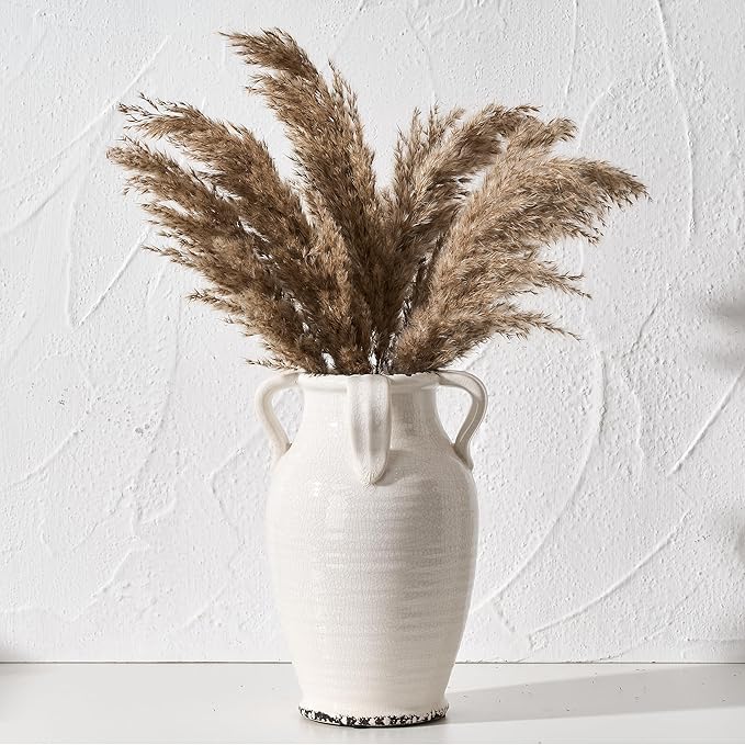 White Ceramic Vase with 4 Handles, 10.16" Tall Retro Ice Cracked Flower Vase, Antique Vases for Modern Farmhouse Home Decor, Wedding, Living Room, Table, Shelf Decor, Cracked White