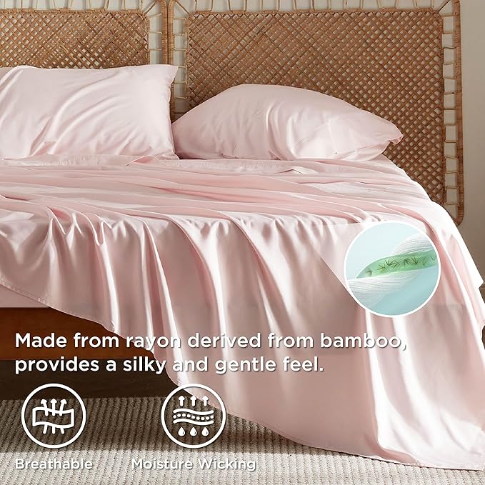 Bedsure Queen Sheet Set, Rayon Derived from Bamboo, Cooling Sheets, Breathable & Soft, Deep Pocket Up to 16 Inches, Hotel Luxury Silky Bedding for Hot Sleepers, Pink
