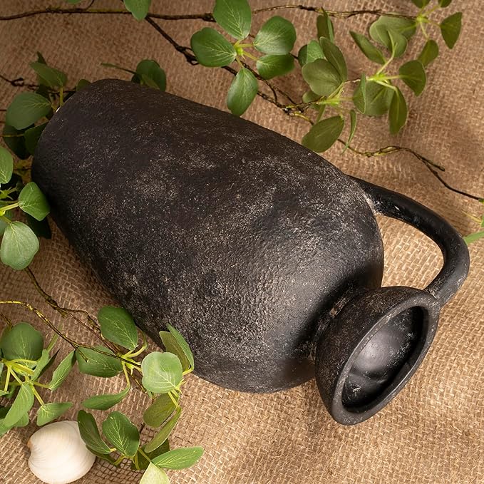 Terracotta Vase with Handle, Black Boho Ceramic Pottery 10inch, Farmhouse Unique Textured Round Jug, Rustic Vintage Decorative Vases for Flowers, Centerpieces, Living Room.