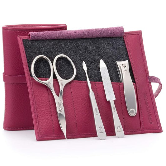 GERMANIKURE 4pc Manicure Set in Magenta Leather Case - Made in Solingen Germany, FINOX Stainless Steel Tools – Professional Quality Compact Nail Grooming Kit