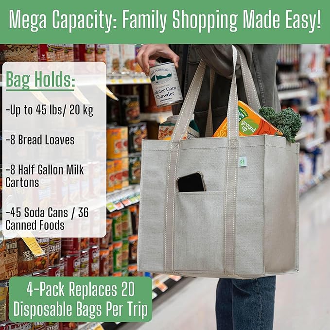 VENO 4 Pack Reusable Grocery Bags with Hard Bottom, Heavy Duty Foldable Shopping Bags for Cart (Random Colors, 4 Pack)