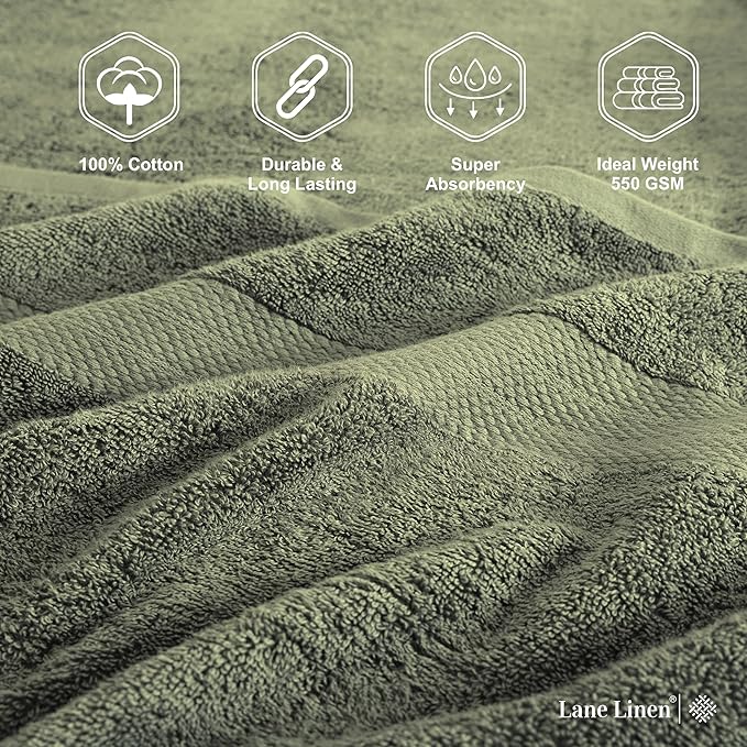 Lane Linen 100% Cotton 4 Pack Bath Towels (28"x54") - Zero Twist, Mercerized Cotton Bathroom Towels Set - Quick Dry, Very Soft & Absorbent Large Bath Towels - Tumble Dry Regains Fluffiness - Oil Green