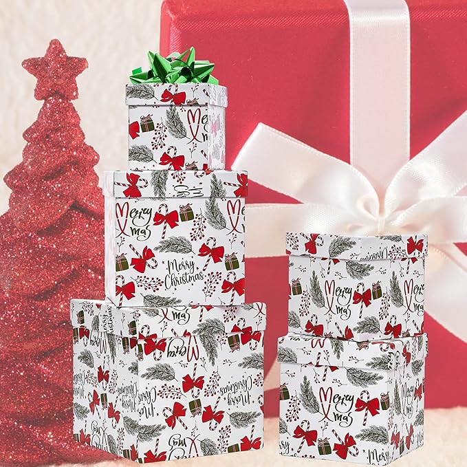 UNIQOOO 5PCS Christmas Nesting Gift Boxes with Lid, Nested Box Set, 5 Sizes, Square Stackable, Red White Green, Xmas Berry Candy Cane Paper Box Tower Décor, Holiday Thanksgiving New Year Packaging