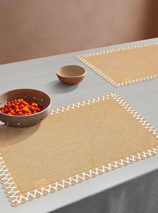Hausattire Jute Burlap Placemat 14x14 Inches - Natural, Lace Design Edges Table Mats for Bar Table Indoor Outdoor Rustic Thanksgiving Farmhouse Kitchen Coffee Dinner Table Decor Mats - Set of 4