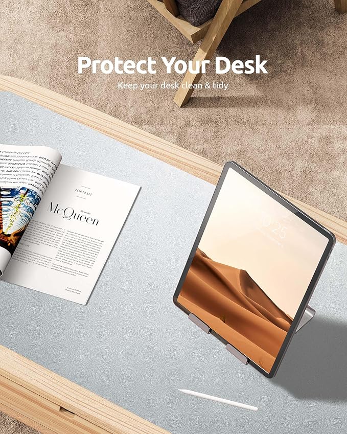 YSAGi Leather Desk Pad Protector, Office Desk Mat, Large Mouse Pad, Non-Slip PU Leather Desk Blotter, Laptop Desk Pad, Waterproof Desk Writing Pad for Office and Home (Silver, 23.6" x 13.8")