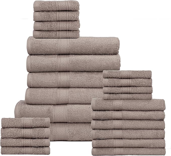 HILLFAIR 24 Piece Bath Towels Set for Bathroom- 100% Cotton 24 PC Bulk Pack Hotel Spa Towel Set- 2 XXL Oversized Big Towels, 4 Bath Towels, 6 Hand Towels, 4 Fingertip Towels, 8 Washcloths: Taupe