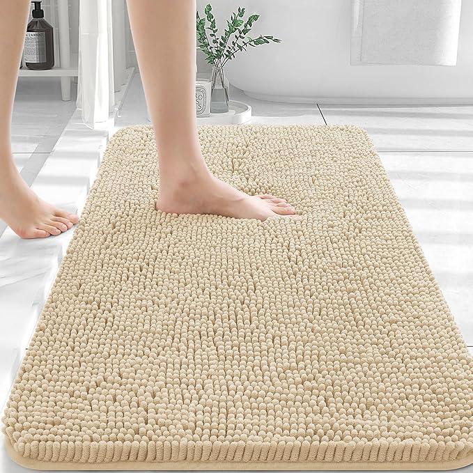 OLANLY Bathroom Rugs 35x24, Extra Soft Absorbent Chenille Bath Rugs, Rubber Backing Quick Dry, Machine Washable Bath Mats for Bathroom Floor, Tub and Shower, Home Decor Accessories, Beige