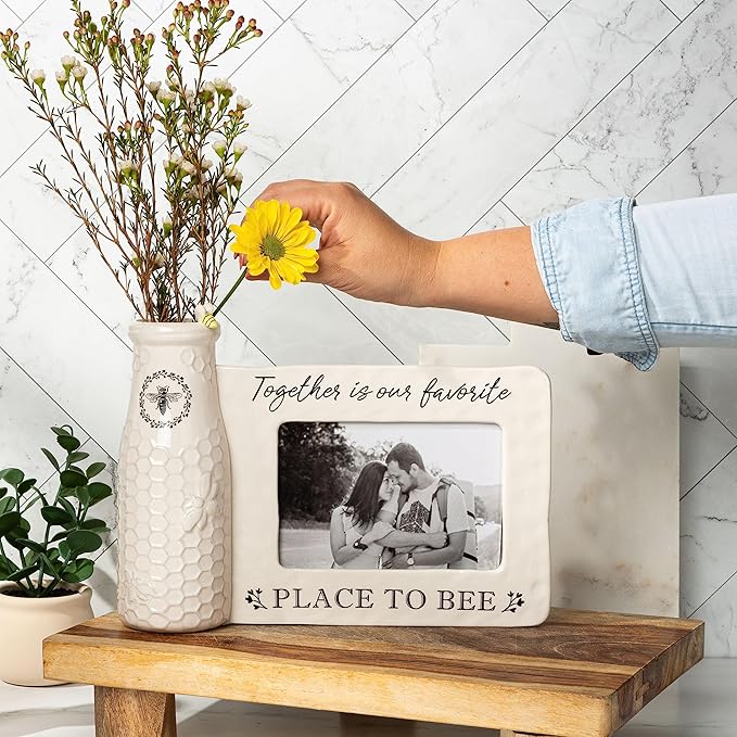 youngs Inc Ceramic Bee Vase w/Photo Frame, White, Black, 11.25" Length x 3.00" Width x 8.00" Height