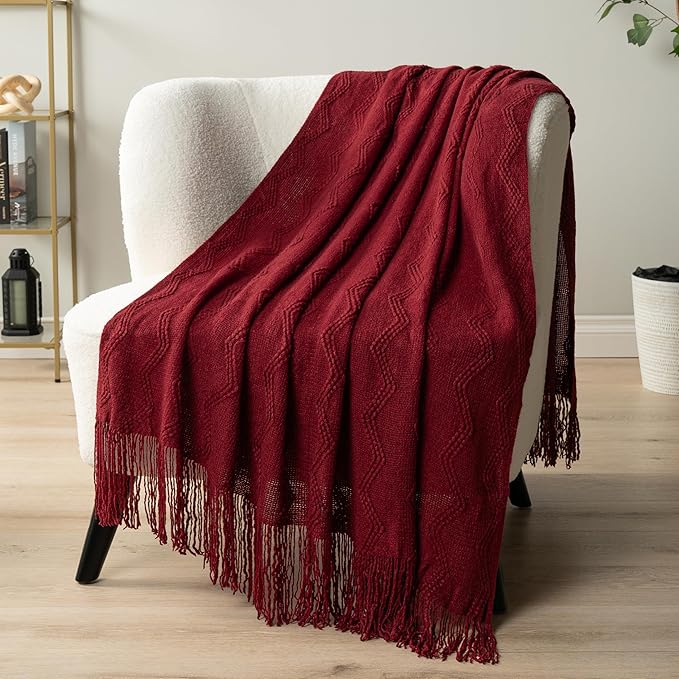 PAVILIA Maroon Red Knit Throw Blanket for Couch Bed, Soft Knitted Farmhouse Sofa Throw for Living Room, Lightweight Decorative Fall Throw Blanket for Chair, Outdoor Textured Boho Blanket, 50x60
