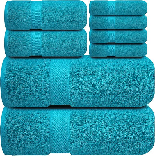 Infinitee Xclusives Luxury 100% Cotton Towel Set – 8 Piece Bathroom Towel Set (2 Bath Towels, 2 Hand Towels, 4 Washcloths) – Soft & Absorbent Towels for Bathroom (Serene Teal)