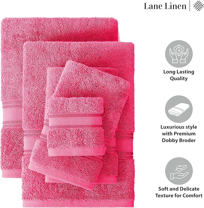 LANE LINEN 12 Pc Bath Towels Set – Ultra Soft 100% Ring-Spun Cotton, 4 Bath, 4 Hand Towel & 4 Wash Cloth, Zero Twist, Quick-Dry, Long-Lasting Comfort & Hotel Quality, Machine Washable – Fuchsia