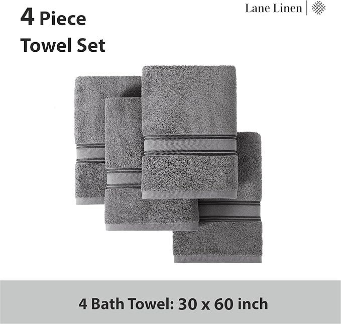 LANE LINEN 100% Cotton 4 Pack Bath Towels Set (30"x60") - Zero Twist, Large Cotton Towels for Bathroom - Quick Dry, Soft & Absorbent Bath Towel Set - Remains Soft After Multiple Washes - Cool Grey