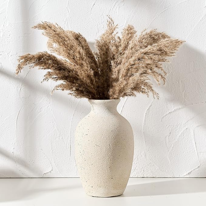 Large Ceramic Rustic Flower Vase, 10.43 Inch Tall Vintage Pottery Home Decor, Antique Farmhouse Terracotta Vase for Living Room, Table, Shelf, Mantel Decoration, Farmhouse - Off-White