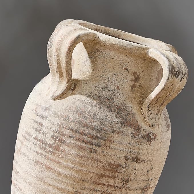 Handmade Ceramic Vase with 4 Handles, 10.83" Tall Farmhouse Rustic Terracotta Flower Vase, Vintage Vases for Home Decor, Wedding, Living Room, Table, Shelf Decor, Neutral