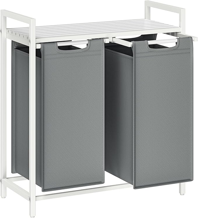 VASAGLE Laundry Hamper, Laundry Basket, Laundry Sorter with 2 Pull-Out and Removable Bags, Shelf, Metal Frame, 2 x 12.1 Gallons (46 L), 28.8 x 13 x 28.4 Inches, Slate Gray and Cloud White UBLH201W11