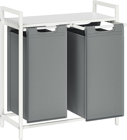 VASAGLE Laundry Hamper, Laundry Basket, Laundry Sorter with 2 Pull-Out and Removable Bags, Shelf, Metal Frame, 2 x 12.1 Gallons (46 L), 28.8 x 13 x 28.4 Inches, Slate Gray and Cloud White UBLH201W11