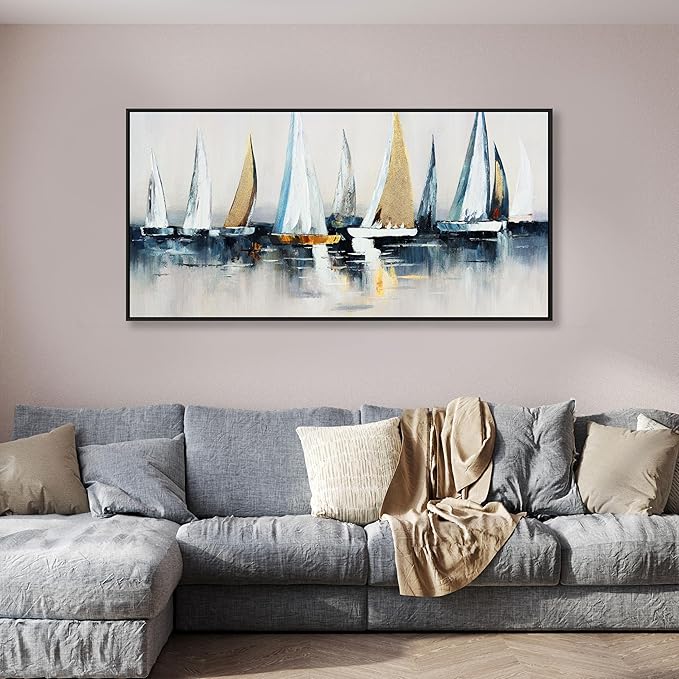 Abstract Wall Art Blue and White Sailboat Wall Paintings Framed Artwork for Living Room Bedroom Bathroom Office Home Decor Can Be Hung Directly 24"x 48"
