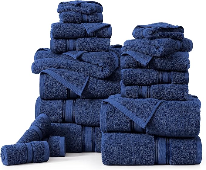 LANE LINEN 100% Ring-Spun Cotton Bath Towel Set of 18 – Zero Twist Shower Towels, 6 Bath, 6 Hand Towel & 6 Washcloths, Quick-Dry, Luxuriously Soft & Durable, Perfect for Everyday use – Navy
