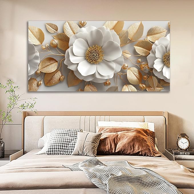 Tarfupth Floral Canvas Wall Art for Living Room Gold and White Flowers Large Botanical Artwork for Bedroom Office Home Decor Canvas Prints 29"x58"