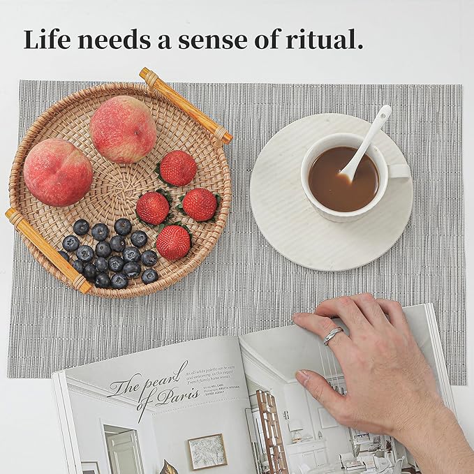 Leetaltree Silver Placemats Set of 12 - Heat Resistant Non-Slip Place mats for Dining Table, Washable Durable PVC Vinyl Woven Table Mats（Sliver, 12）