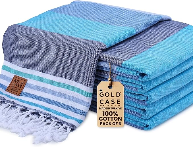 Gold CASE Turkish Beach Towel Set of 6 – 100% Cotton Large Turkish Bath Towels 70 x 38'' – OLYMPOS Oversized, Quick Dry & Sand Free Beach Towel – Lightweight Towels Set - Blue